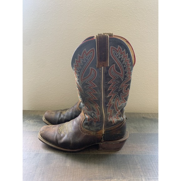 Justin FN7251 Square Toe Cowboy Boots 9D Blue‎ Brown Distressed Leather As Is - Picture 1 of 16